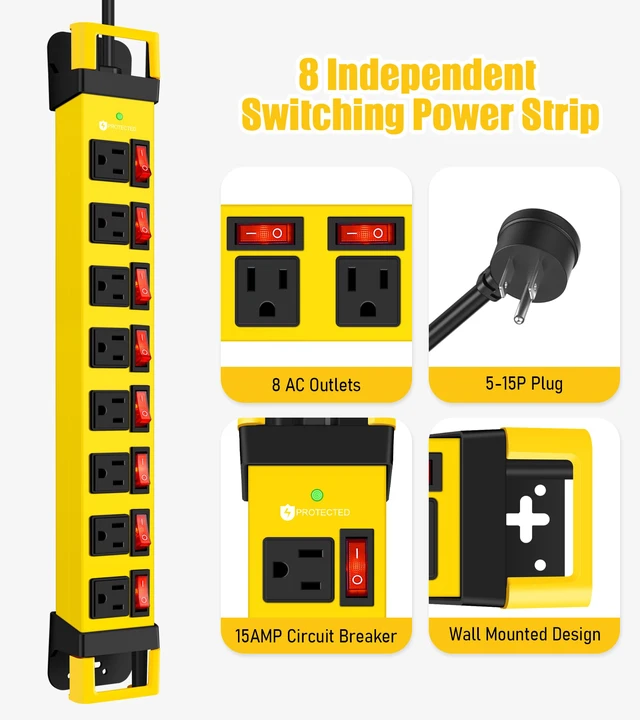 Alt view image 6 of 7 - Heavy Duty Power Strip with 8 Outlets,1200J,Yellow,15FT Individual Switch with Multiple Outlets,Wall Mount Plug Extender, Grounding, Garage Power Strip