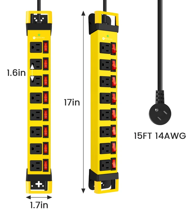 Alt view image 7 of 7 - Heavy Duty Power Strip with 8 Outlets,1200J,Yellow,15FT Individual Switch with Multiple Outlets,Wall Mount Plug Extender, Grounding, Garage Power Strip