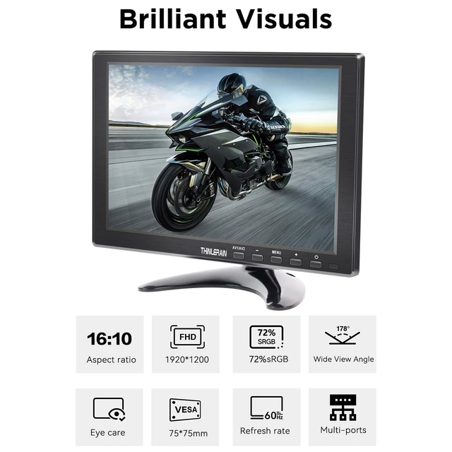 Alt view image 4 of 7 - 10.1 Inch Small Computer Monitor, 1920x1200 Mini PC Display with HDMI VGA AV BNC USB Intput, Built-in Speakers, VESA, Remote Control
