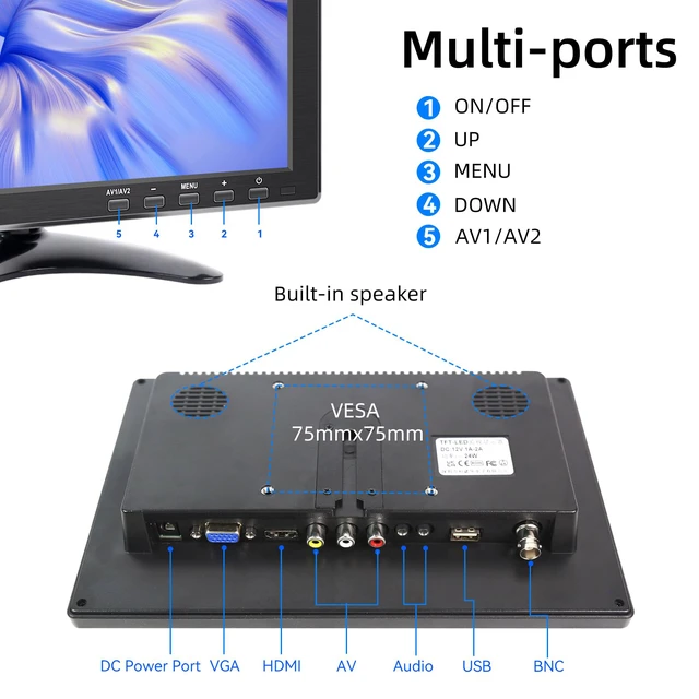 Alt view image 6 of 7 - 10.1 Inch Small Computer Monitor, 1920x1200 Mini PC Display with HDMI VGA AV BNC USB Intput, Built-in Speakers, VESA, Remote Control