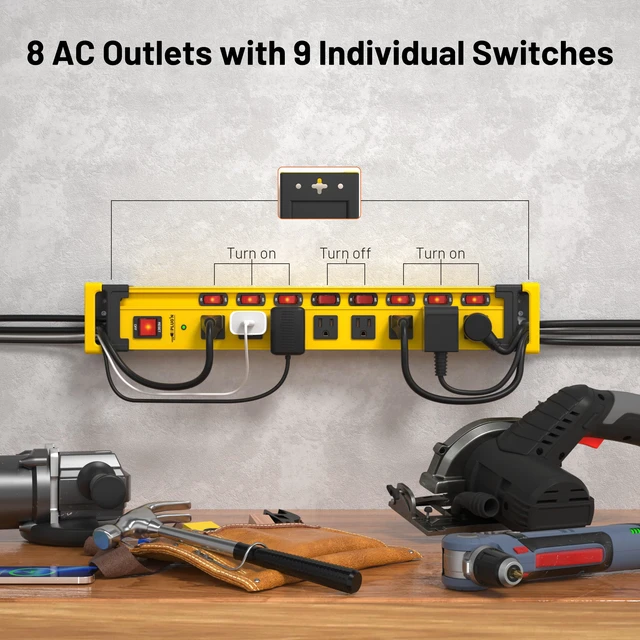 Alt view image 2 of 7 - 2 Packs 8 Outlet 2700J Surge Protector Power Strip with Individual Switches,Heavy Duty Garage Power Strip with Cord Manager,Flat Plug,6FT/14AWG Power Cord for Workshop,Shop,Home,Kitchen