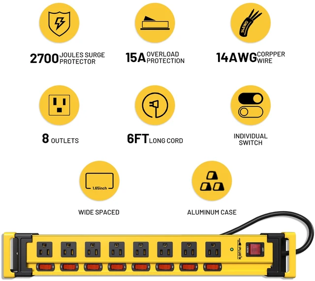 Alt view image 6 of 7 - 2 Packs 8 Outlet 2700J Surge Protector Power Strip with Individual Switches,Heavy Duty Garage Power Strip with Cord Manager,Flat Plug,6FT/14AWG Power Cord for Workshop,Shop,Home,Kitchen