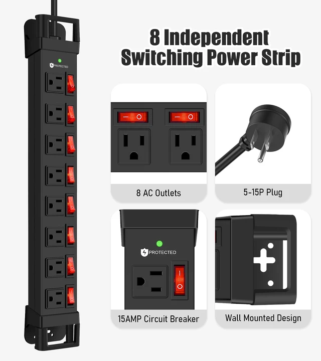 Alt view image 6 of 7 - Heavy Duty Power Strip with 8 Outlets,1200J Surge Protector,Black,15FT Individual Switch with Multiple Outlets,Wall Mount Plug Extender,Grounding,Garage Power Strip