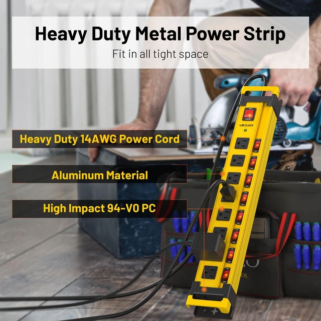 Alt view image 7 of 7 - 2 Packs 8 Outlet 2700J Surge Protector Power Strip with Individual Switches,Heavy Duty Garage Power Strip with Cord Manager,Flat Plug,6FT/14AWG Power Cord for Workshop,Shop,Home,Kitchen