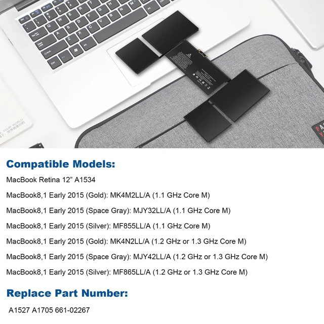 Alt view image 3 of 7 - A1527 Battery Replacement for A1534 Battery (Early 2015 2016 Mid 2017) Fit for MacBook8,1 9,1 10,1 A1534 12-inch A1527 661-02267 MF855LL/A MK4M2CH/A MNYG2LL/A