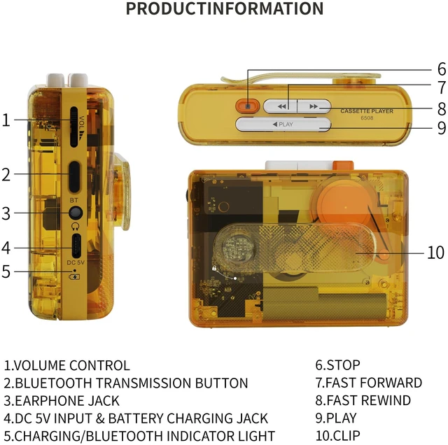 Alt view image 7 of 7 - Portable Cassette Player with Bluetooth, Cassette Stereo Player with Type-C Charging, Built-in Battery, Belt Clip, and Earphone Jack for Wireless Music Playback