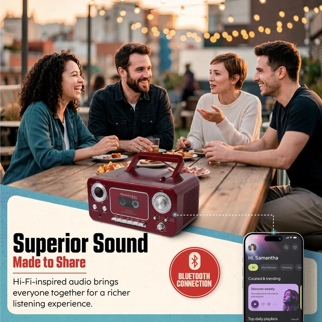 Alt view image 3 of 7 - Portable CD Player with Bluetooth, AM/FM Stereo Radio & Cassette Player/Recorder with Aux-in and AC/DC Power - Red & Silver