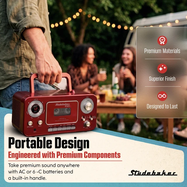 Alt view image 5 of 7 - Portable CD Player with Bluetooth, AM/FM Stereo Radio & Cassette Player/Recorder with Aux-in and AC/DC Power - Red & Silver