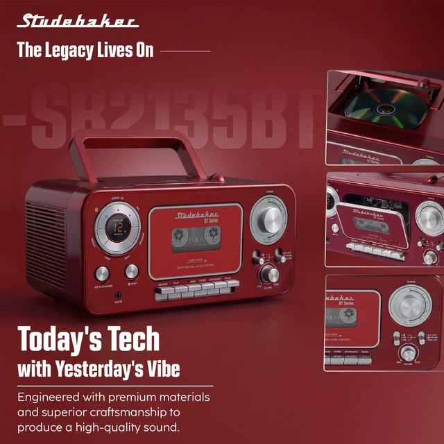 Alt view image 7 of 7 - Portable CD Player with Bluetooth, AM/FM Stereo Radio & Cassette Player/Recorder with Aux-in and AC/DC Power - Red & Silver
