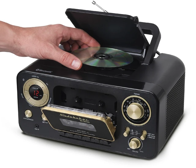 Main image of Portable CD Player with Bluetooth, AM/FM Stereo Radio & Cassette Player/Recorder with Aux-in and AC/DC Power - Black & Gold