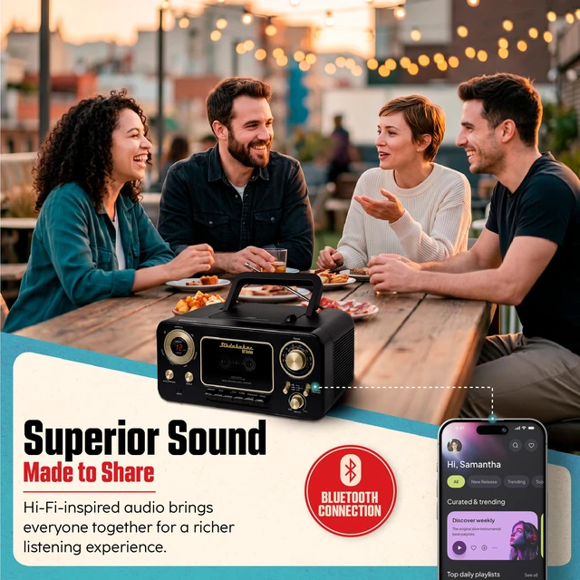 Alt view image 3 of 7 - Portable CD Player with Bluetooth, AM/FM Stereo Radio & Cassette Player/Recorder with Aux-in and AC/DC Power - Black & Gold