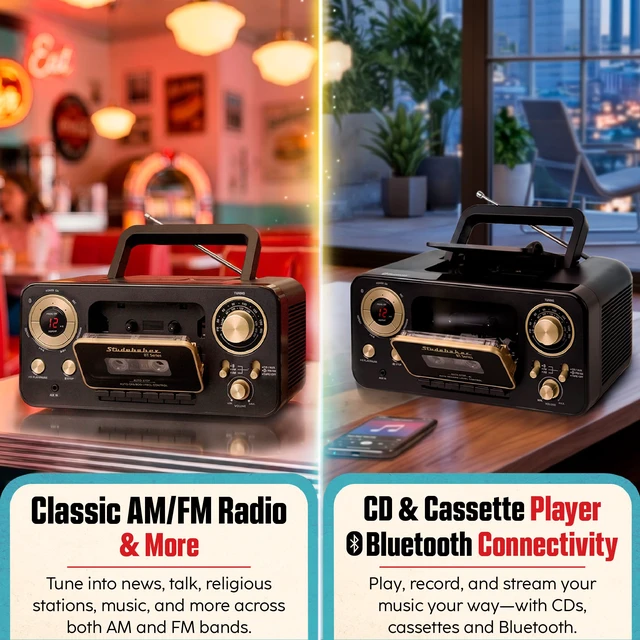 Alt view image 4 of 7 - Portable CD Player with Bluetooth, AM/FM Stereo Radio & Cassette Player/Recorder with Aux-in and AC/DC Power - Black & Gold