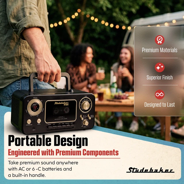 Alt view image 5 of 7 - Portable CD Player with Bluetooth, AM/FM Stereo Radio & Cassette Player/Recorder with Aux-in and AC/DC Power - Black & Gold