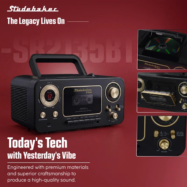 Alt view image 7 of 7 - Portable CD Player with Bluetooth, AM/FM Stereo Radio & Cassette Player/Recorder with Aux-in and AC/DC Power - Black & Gold