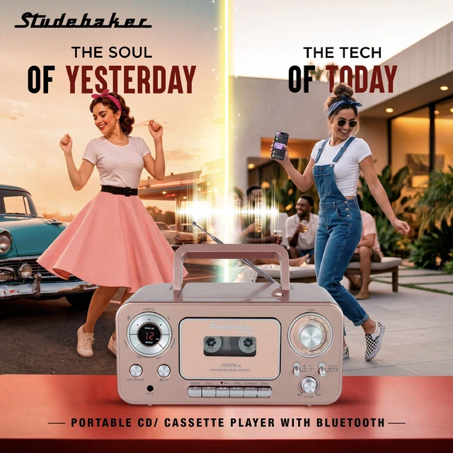 Alt view image 2 of 7 - Portable CD Player with Bluetooth, AM/FM Stereo Radio & Cassette Player/Recorder with Aux-in and AC/DC Power - Rose & Gold