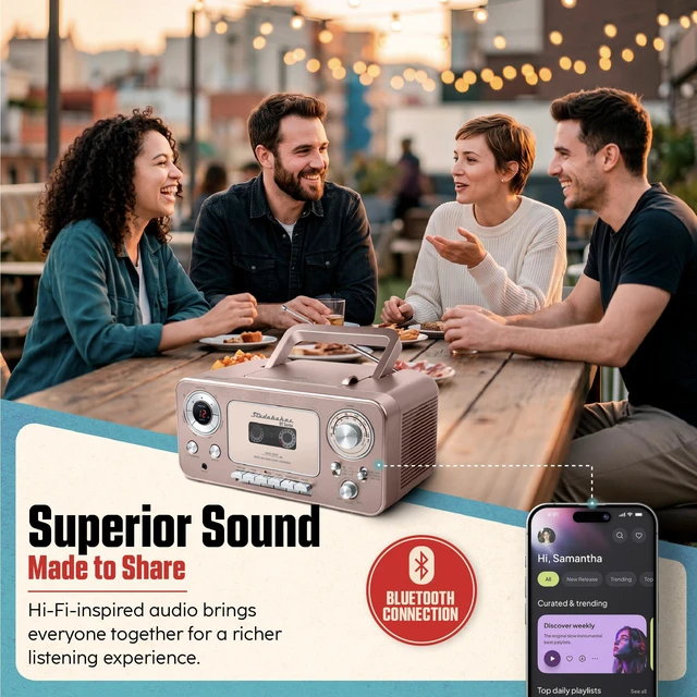 Alt view image 3 of 7 - Portable CD Player with Bluetooth, AM/FM Stereo Radio & Cassette Player/Recorder with Aux-in and AC/DC Power - Rose & Gold