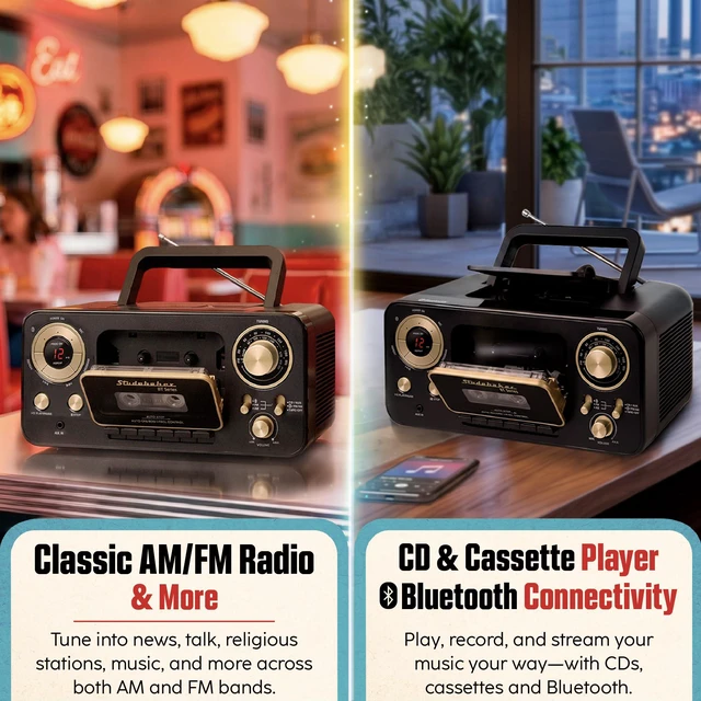 Alt view image 4 of 7 - Portable CD Player with Bluetooth, AM/FM Stereo Radio & Cassette Player/Recorder with Aux-in and AC/DC Power - Rose & Gold