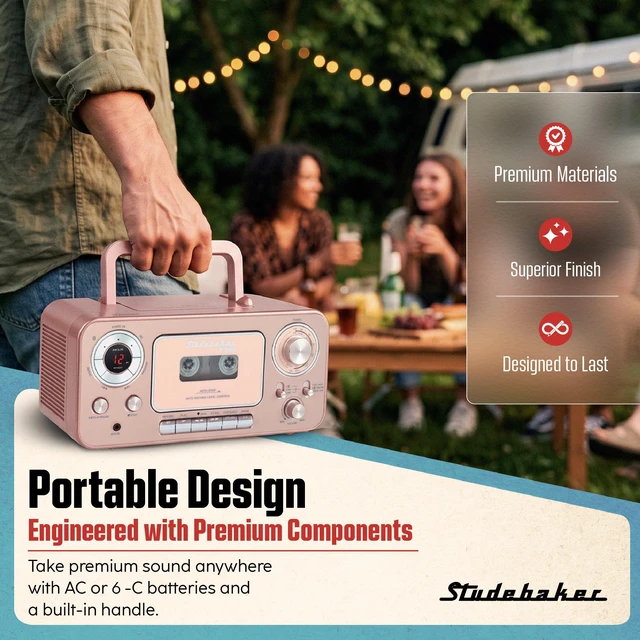 Alt view image 5 of 7 - Portable CD Player with Bluetooth, AM/FM Stereo Radio & Cassette Player/Recorder with Aux-in and AC/DC Power - Rose & Gold