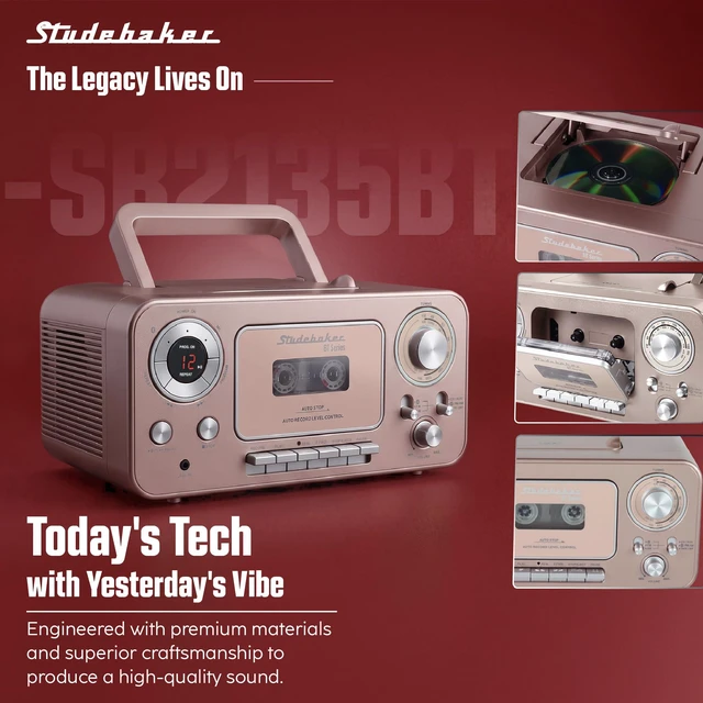 Alt view image 7 of 7 - Portable CD Player with Bluetooth, AM/FM Stereo Radio & Cassette Player/Recorder with Aux-in and AC/DC Power - Rose & Gold