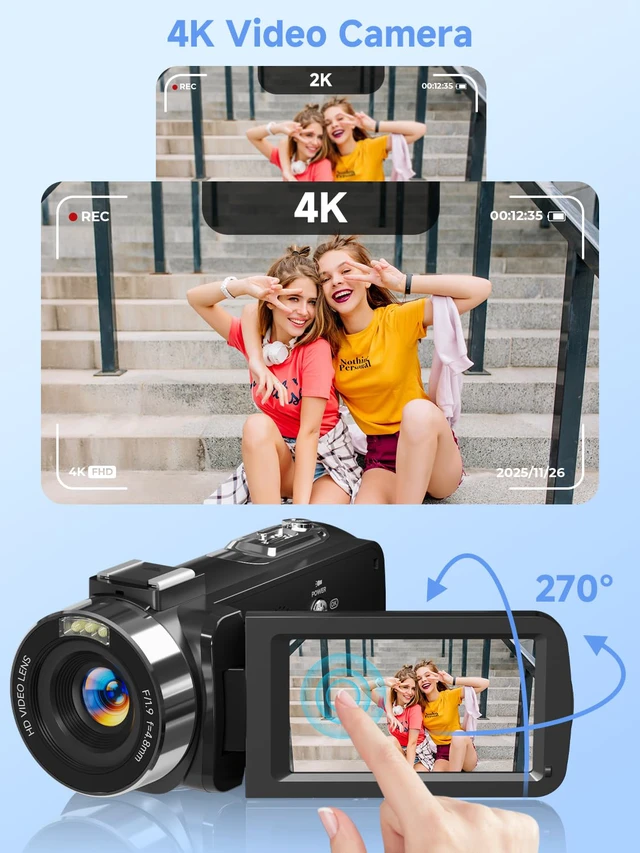 Alt view image 2 of 7 - 4K Video Camera Camcorder with 64GB SD Card, 56MP WiFi Vlogging Camera for YouTube, IR Night Vision, 3.0" Touch Screen, 18X Zoom, Webcam & Remote, Black