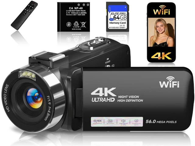 Main image of 4K Video Camera Camcorder with 64GB SD Card, 56MP WiFi Vlogging Camera for YouTube, IR Night Vision, 3.0" Touch Screen, 18X Zoom, Webcam & Remote, Black