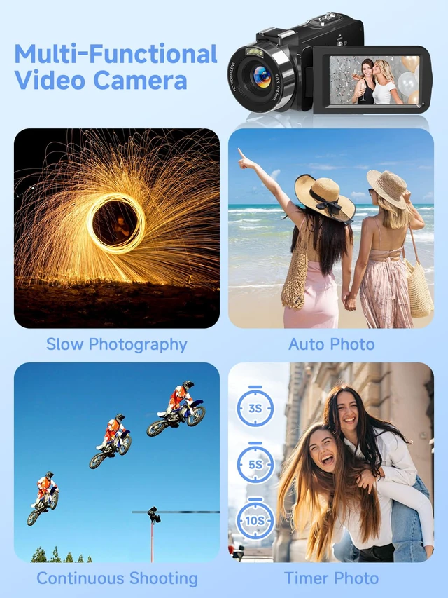 Alt view image 5 of 7 - 4K Video Camera Camcorder with 64GB SD Card, 56MP WiFi Vlogging Camera for YouTube, IR Night Vision, 3.0" Touch Screen, 18X Zoom, Webcam & Remote, Black