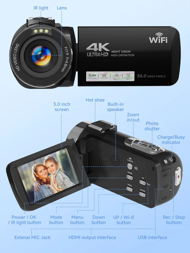 Alt view image 7 of 7 - 4K Video Camera Camcorder with 64GB SD Card, 56MP WiFi Vlogging Camera for YouTube, IR Night Vision, 3.0" Touch Screen, 18X Zoom, Webcam & Remote, Black