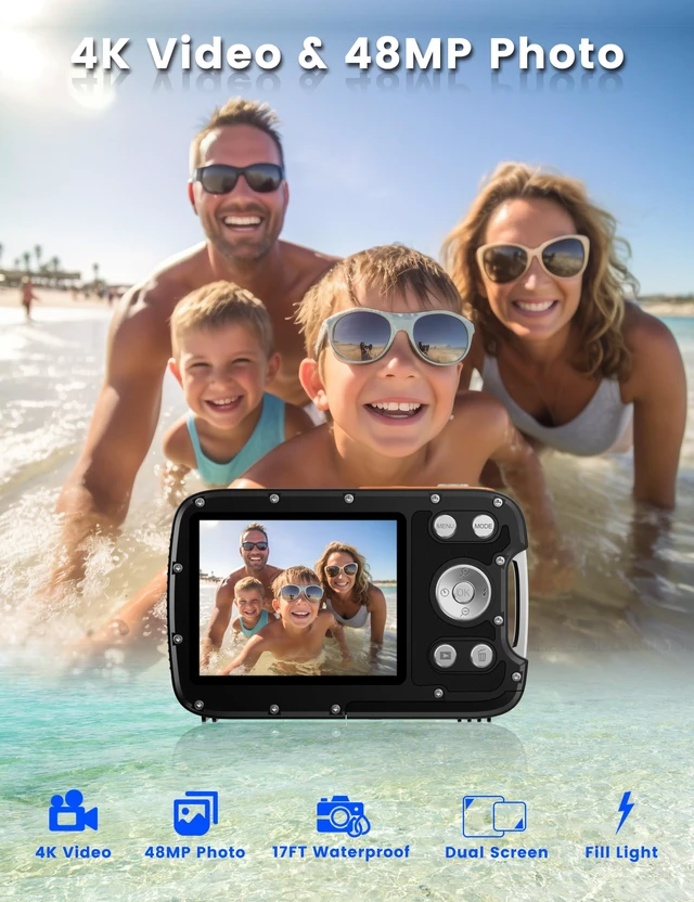 Alt view image 2 of 7 - Underwater Camera 4K 48MP Autofocus Selfie Dual Screen Waterproof with Floating Strap and 32GB Card, 17FT Compact Waterproof Digital Camera for Snorkeling