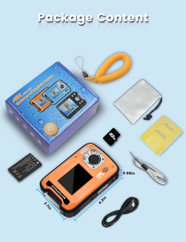 Alt view image 7 of 7 - Underwater Camera 4K 48MP Autofocus Selfie Dual Screen Waterproof with Floating Strap and 32GB Card, 17FT Compact Waterproof Digital Camera for Snorkeling