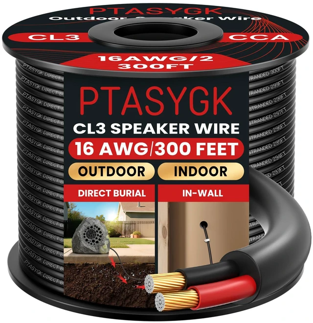 Main image of 16 Gauge Outdoor Speaker Wire 300ft CL3 Direct Burial CCA Cable CL2 Rated, 2 Conductor Stranded Core, UV and Weather Resistant, No Conduit Needed Underground, Garden Patio Pool Audio