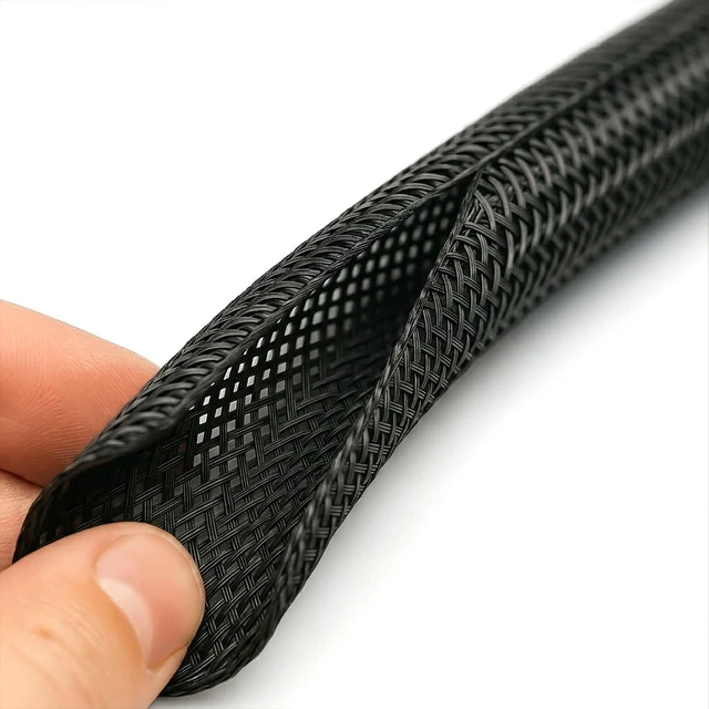 Alt view image 2 of 5 - 2" Hook Self Closing Wrap Around Sleeve - 25 Feet - Black 2 Inch Diameter Flame Retardant Flexible Braided Sleeving Mesh Cord Cover Cable Protector Wire Organizer