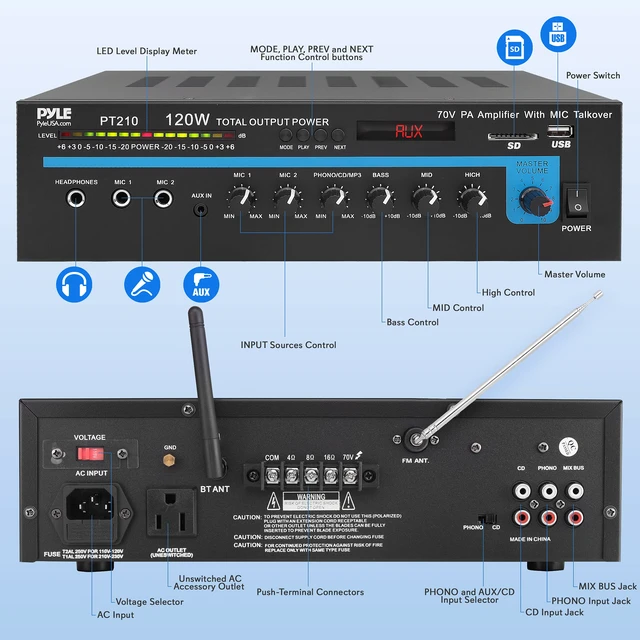 Alt view image 2 of 7 - Home Compact Public Address Mono Amplifier - Professional 120 Watt Home Power Audio Sound PA Speaker Receiver System w/ RCA, Headphone, 2 Microphone Inputs, Independent Volume Control - PT210