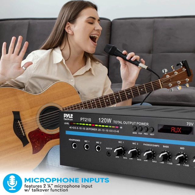 Alt view image 6 of 7 - Home Compact Public Address Mono Amplifier - Professional 120 Watt Home Power Audio Sound PA Speaker Receiver System w/ RCA, Headphone, 2 Microphone Inputs, Independent Volume Control - PT210