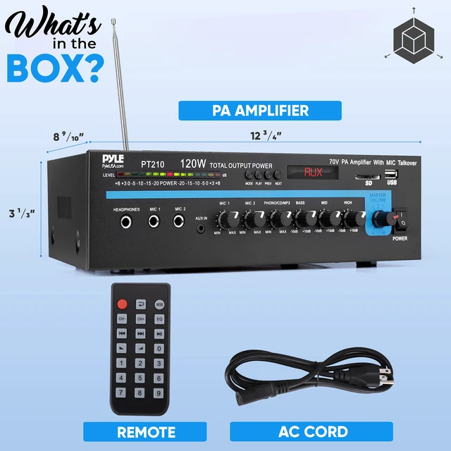 Alt view image 7 of 7 - Home Compact Public Address Mono Amplifier - Professional 120 Watt Home Power Audio Sound PA Speaker Receiver System w/ RCA, Headphone, 2 Microphone Inputs, Independent Volume Control - PT210