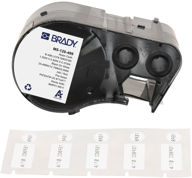 Main image of Authentic (M5-120-499) Aggressive Adhesive Multi-Purpose Nylon Labels 0.5 x 1 x 0.375 Dia Black on White, 240 Labels. for use with The BMP51 and M511 Label Printers