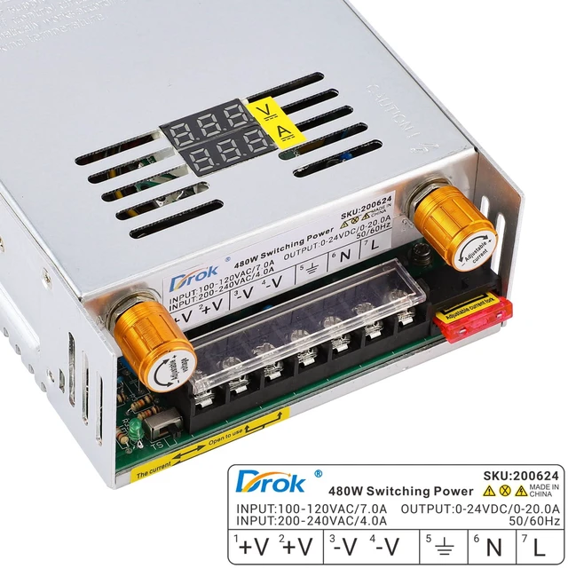 Alt view image 2 of 7 - 24V Power Supply, AC 110V/220V to DC 0-24V 0-20A 480W Buck Converter, Volt Amp Adjustable Adapter Regulated 5V 12V 24V Volt Switching Voltage LED Transformer Charger for Computer CCTV Lab