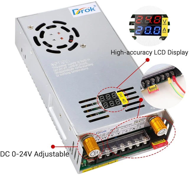 Alt view image 4 of 7 - 24V Power Supply, AC 110V/220V to DC 0-24V 0-20A 480W Buck Converter, Volt Amp Adjustable Adapter Regulated 5V 12V 24V Volt Switching Voltage LED Transformer Charger for Computer CCTV Lab