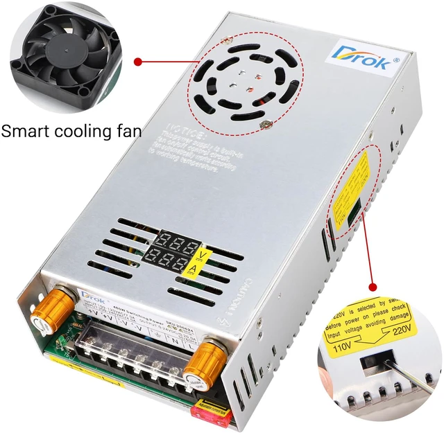 Alt view image 5 of 7 - 24V Power Supply, AC 110V/220V to DC 0-24V 0-20A 480W Buck Converter, Volt Amp Adjustable Adapter Regulated 5V 12V 24V Volt Switching Voltage LED Transformer Charger for Computer CCTV Lab