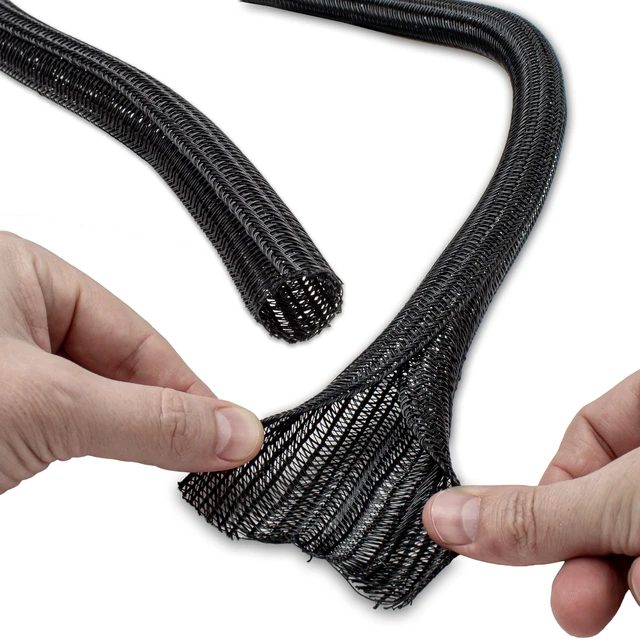 Alt view image 3 of 5 - 2" Hook Self Closing Wrap Around Sleeve - 25 Feet - Black 2 Inch Diameter Flame Retardant Flexible Braided Sleeving Mesh Cord Cover Cable Protector Wire Organizer