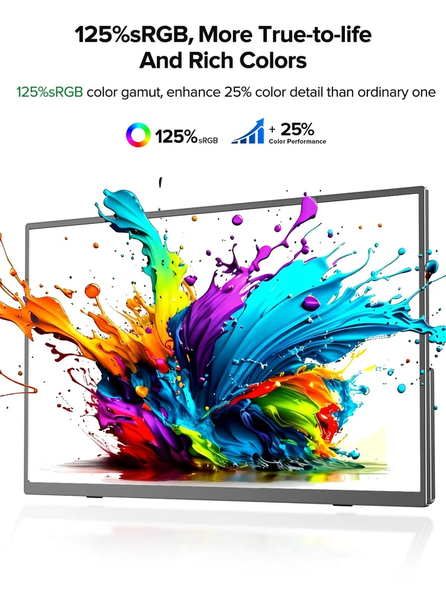 Alt view image 2 of 7 - Portable Monitor 15.6 Inch, 125% sRGB Laptop Monitor Built-in 0~180°Adjustment Stand Speaker VESA, HDMI USB-C Plug&Play, Ultra-Thin Second Extender Screen for Phone Game Console