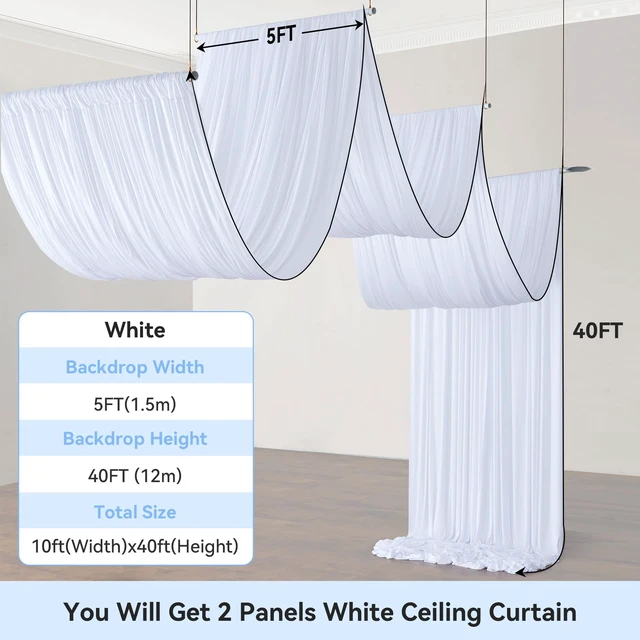 Alt view image 5 of 7 - 10ft×40ft White Ceiling Drapes for Weddings Parties,2 Panels 5×40ft Long Ceiling Curtain for Tent Canopy,Wrinkle Free Silk Easy to Draping&Hang White Drapes for Event Church Stage Photo Bedroom