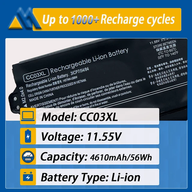 Alt view image 2 of 6 - CC03XL 56Wh Laptop Battery Replacement for HP ZBook Firefly 15 G7 G8 EliteBook 855 850 G7 G8 Series Notebook HSTNN-UB8W HSTNN-DB9O L77622-2C1 L77622-2C2 L77622-541 L77991-00511.55V 4610mAh