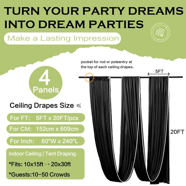 Alt view image 6 of 7 - 4 Panels 5ft(W) x 20ft(H) Black Ceiling Drapes for Wedding Parties 20 FT Extra Long Thick Polyester Wrinkle-Free Drapery Tent Decor Decorations for Birthday Ceremony Stage Swag