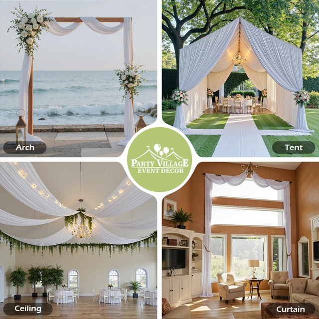 Alt view image 5 of 7 - 4 Panels 5ft(W) x 20ft(H) White Ceiling Drapes for Wedding Parties 20 FT Extra Long Thick Polyester Wrinkle-Free Drapery Tent Decor Decorations for Birthday Ceremony Stage Swag