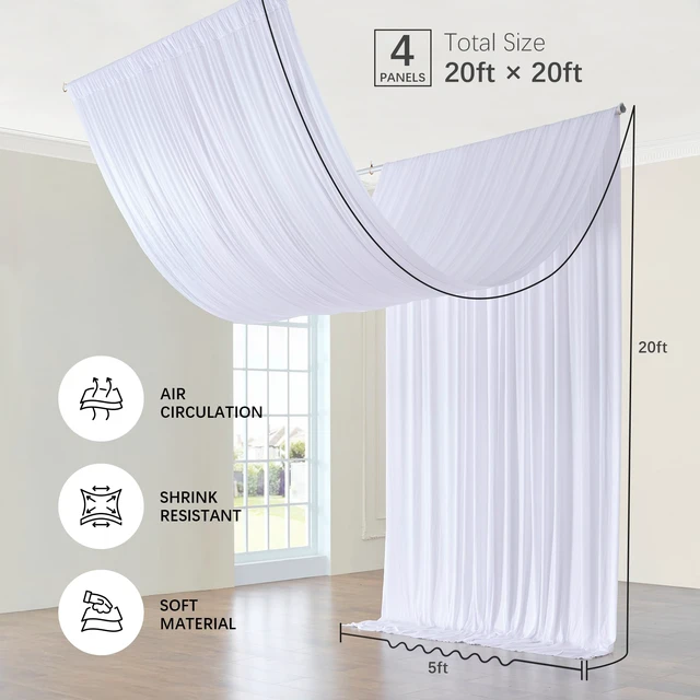 Alt view image 6 of 7 - 4 Panels 5ft(W) x 20ft(H) White Ceiling Drapes for Wedding Parties 20 FT Extra Long Thick Polyester Wrinkle-Free Drapery Tent Decor Decorations for Birthday Ceremony Stage Swag