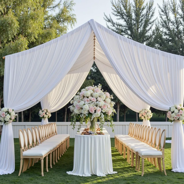Alt view image 4 of 7 - 4 Panels 5ft(W) x 20ft(H) White Ceiling Drapes for Wedding Parties 20 FT Extra Long Thick Polyester Wrinkle-Free Drapery Tent Decor Decorations for Birthday Ceremony Stage Swag