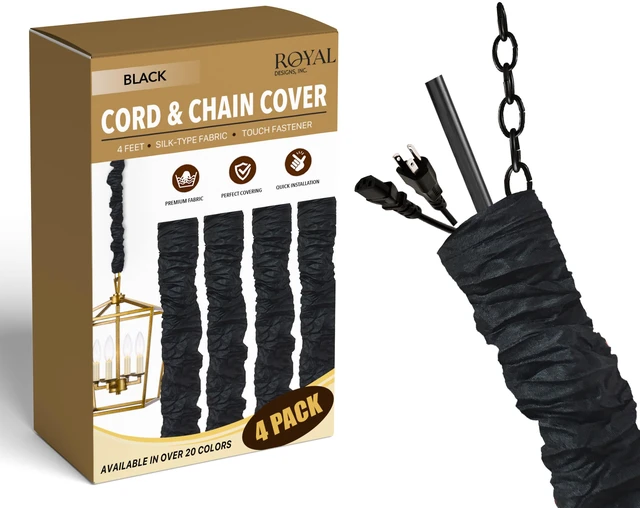 Main image of Cord & Chain Cover 4 ft Silk Type Fabric, Chandelier Pendant Lighting Chain & Cable Management, Touch Fastener, Black - 4 Pack