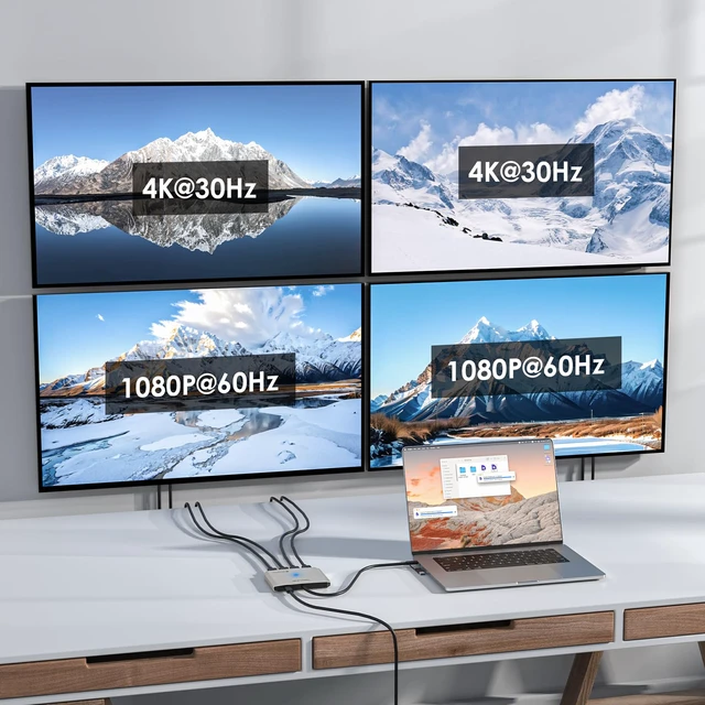 Alt view image 2 of 7 - 4-Port HDMI Splitter, USB C to Quad Monitor 4K Adapter Universal USB A to HDMI Extended Dual Triple Display for Windows, Macbook Neo, Mac M1-M5 Driver Required