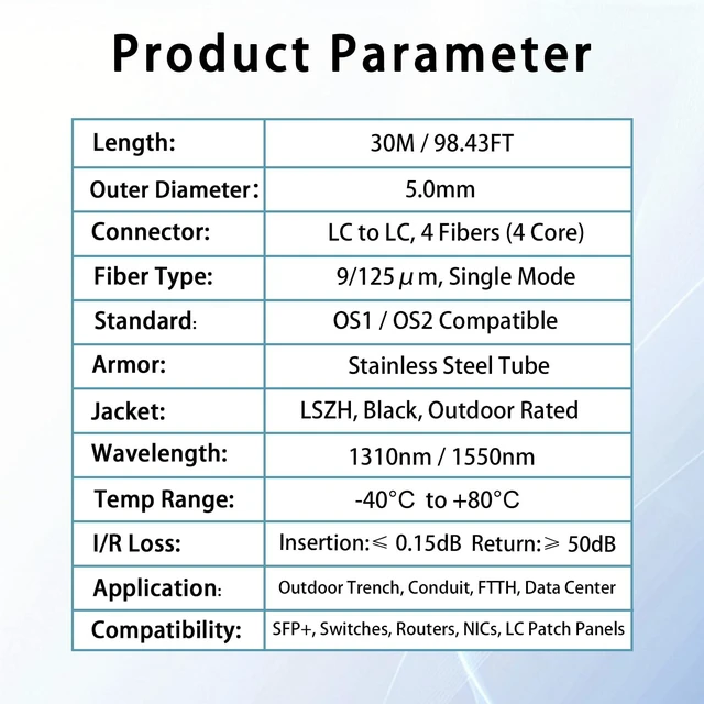 Alt view image 6 of 7 - 30M/98FT Outdoor Armored LC to LC Fiber Optic Cable, 4 Core OS2 Single Mode 9/125m, Industrial TPU Jacket, OD 5mm, 4 Strands, SMF, Direct Burial, Heavy-Duty LC-LC Patch Cord for Harsh Environments