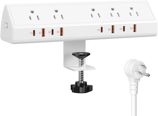 Main image of Desk Clamp Power Strip USB C 65W,8 USB,10FT Cable,White 4 USB-C Ports,Fit 1.96'' Tabletop,1875W Extension Cord,ETL Listed,Outlet Extender Desk Organizer,Office,Gaming,Dorm